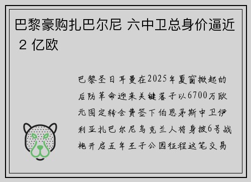 巴黎豪购扎巴尔尼 六中卫总身价逼近 2 亿欧