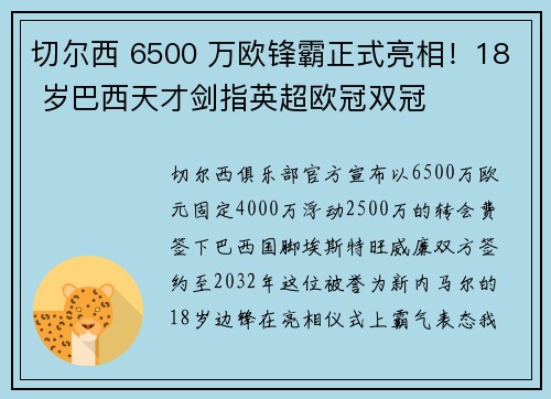 切尔西 6500 万欧锋霸正式亮相！18 岁巴西天才剑指英超欧冠双冠