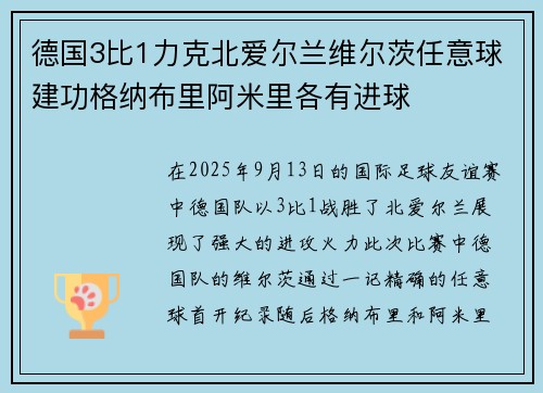 德国3比1力克北爱尔兰维尔茨任意球建功格纳布里阿米里各有进球