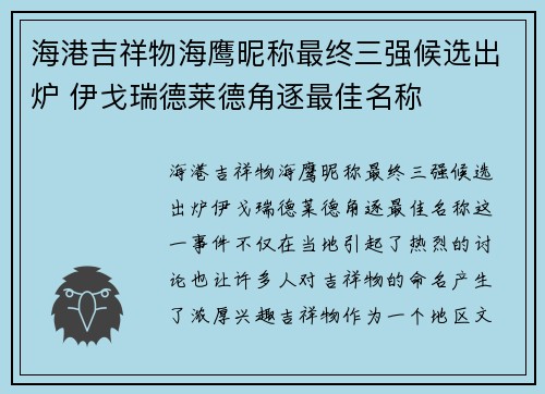 海港吉祥物海鹰昵称最终三强候选出炉 伊戈瑞德莱德角逐最佳名称